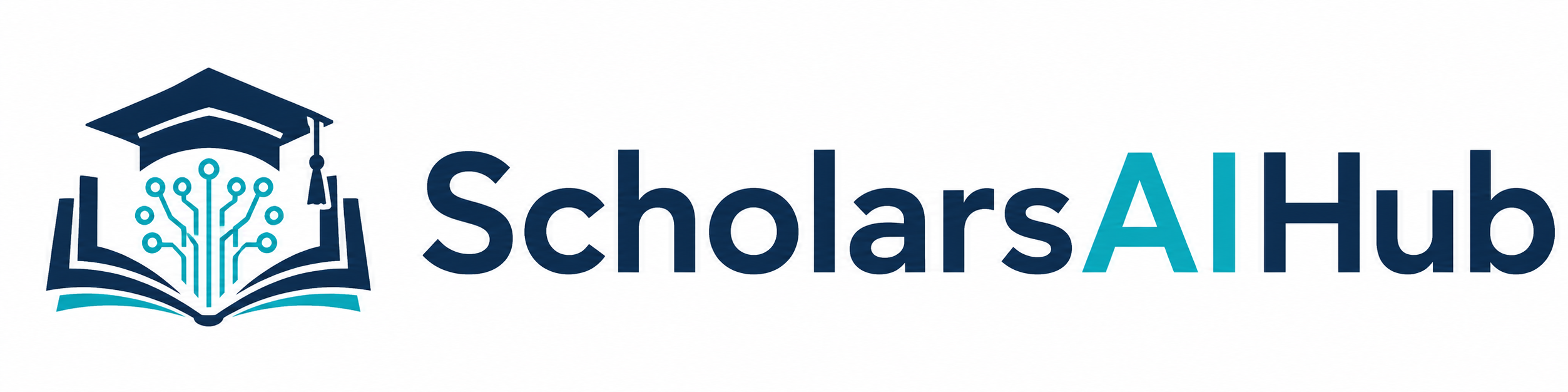 ScholarsAIHub logo with an open book, graduation cap, and digital circuit design representing academic learning, research, and AI tools.